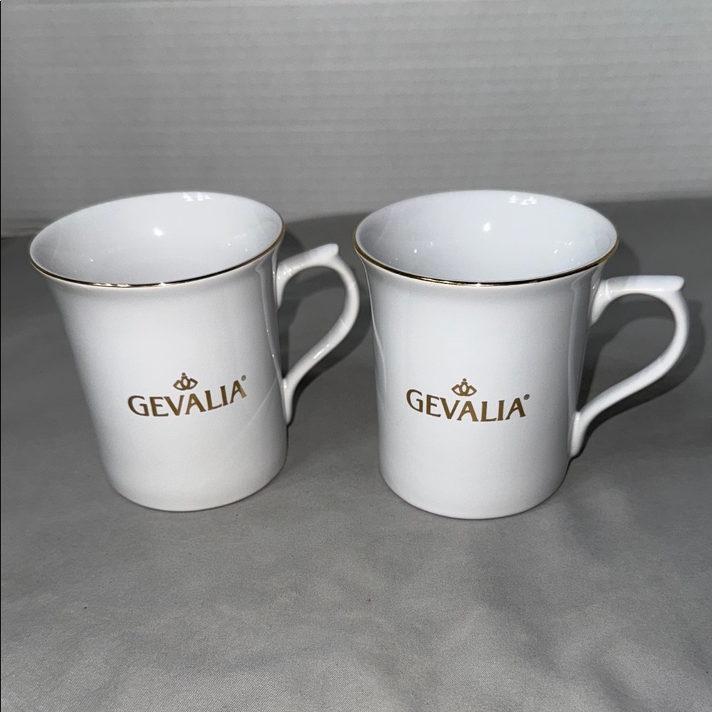 Set of Two Gevalia White Coffee Mugs Cups with Gold Trim Porcelain Iconic Logo